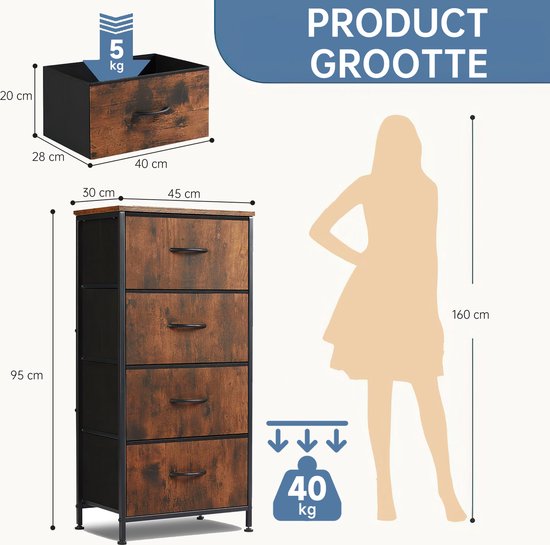 JOEAIS Commode kast met 4 lades - Voor slaapkamer - Stalen frame ...