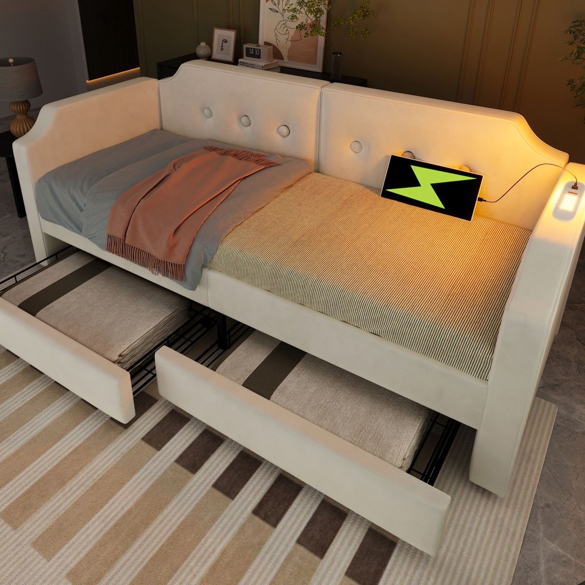 KOMHTOM Slaapbank Volwassen bed 90x200 cm met USB Type-C leeslampje en 2 opberglades met houten lattenbodem Fluweel Beige