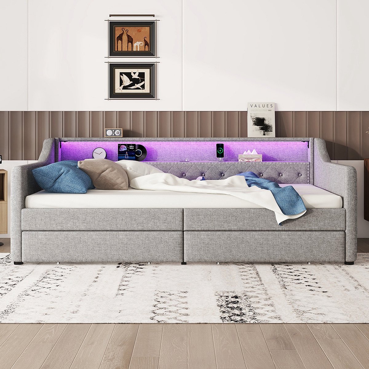 KOMHTOM Slaapbank 90 x 200 cm Sfeerverlichting met afstandsbediening Twee laden USB-laadcontactdoos Linnen Grijs