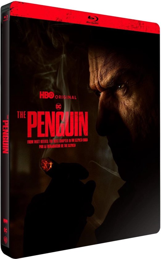 Steelbook Blu-ray van 'The Penguin'. Man steekt sigaar aan, rook, met tekst 'HBO Original', 'The Penguin', 'From Matt Reeves, The Next Chapter in The Batman Saga'.