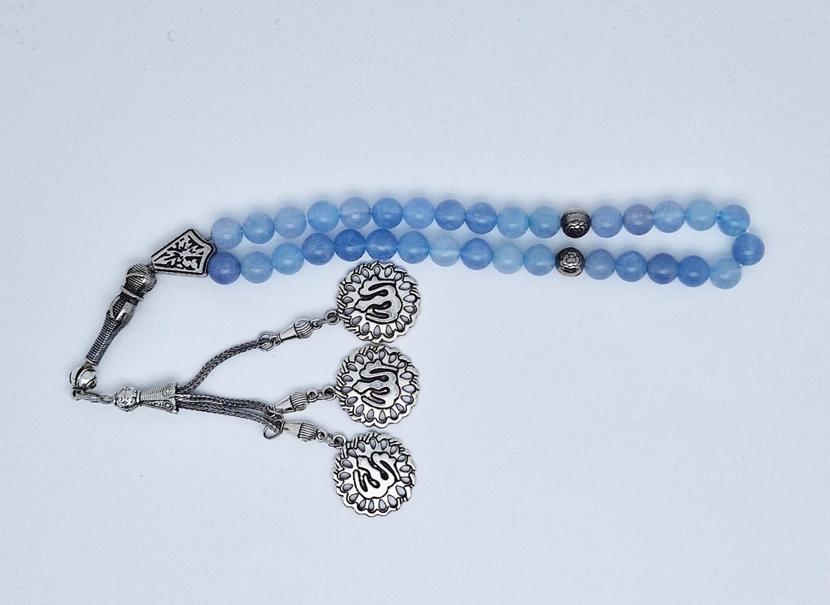 Handgemaakte tesbih "tasbih" natuursteen " Blauwe Jade " - Aantal kralen 33 - Diameter kralen 8 MM - met metaal tassel "model 3" - Een mooi cadeau-idee