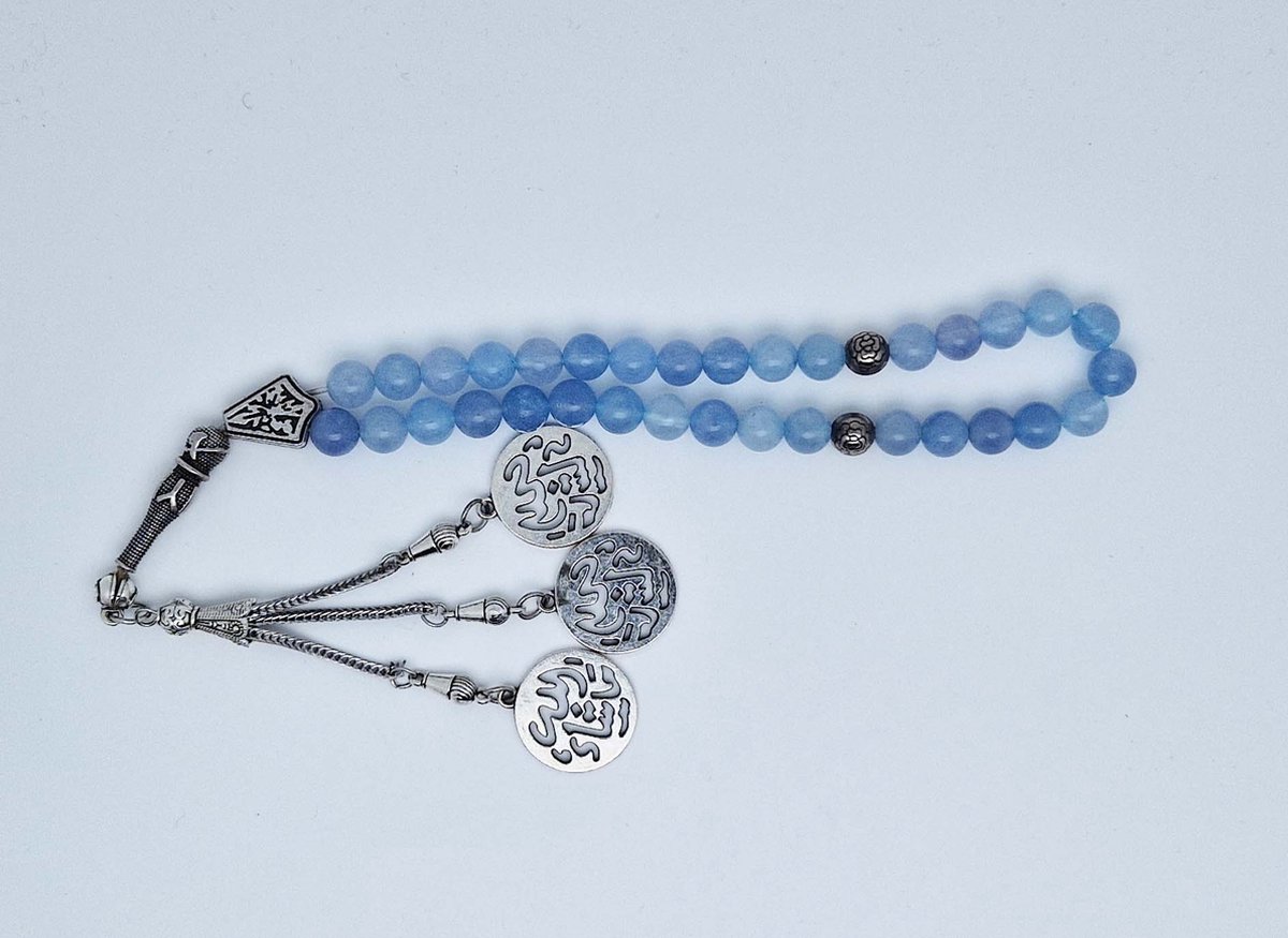 Handgemaakte tesbih "tasbih" natuursteen " Blauwe Jade " - Aantal kralen 33 - Diameter kralen 8 MM - met metaal tassel "model 4" - Een mooi cadeau-idee