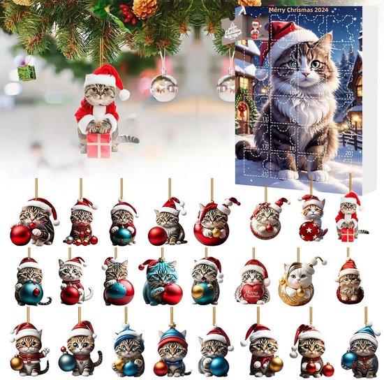 Adventskalender 2024 - Adventskalender 2024 - Leuke Kat Adventskalender - 24 Dagen - Kerst Countdown Kalender - Adventskalender 2024 - 2D Acryl Set Hanger