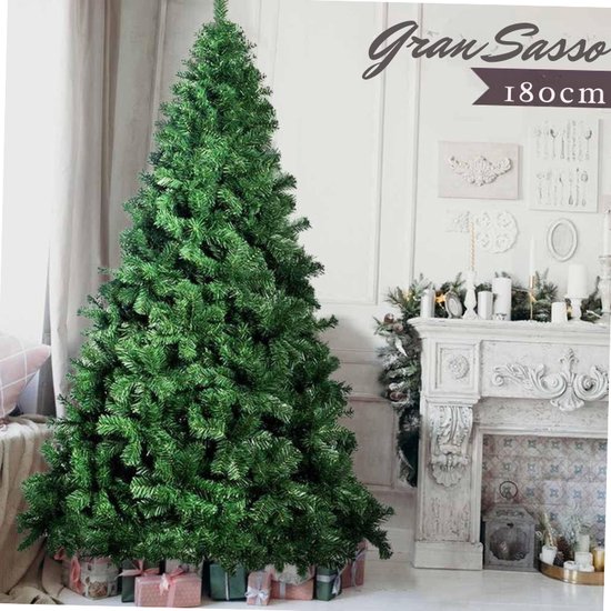 BAKAJI Grote Sasso Kerstboom, super dik grenen, groene basis, kruis van metaal, opvouwbaar, zeer hoge kwaliteit, eenvoudige montage met steektakken (240 cm