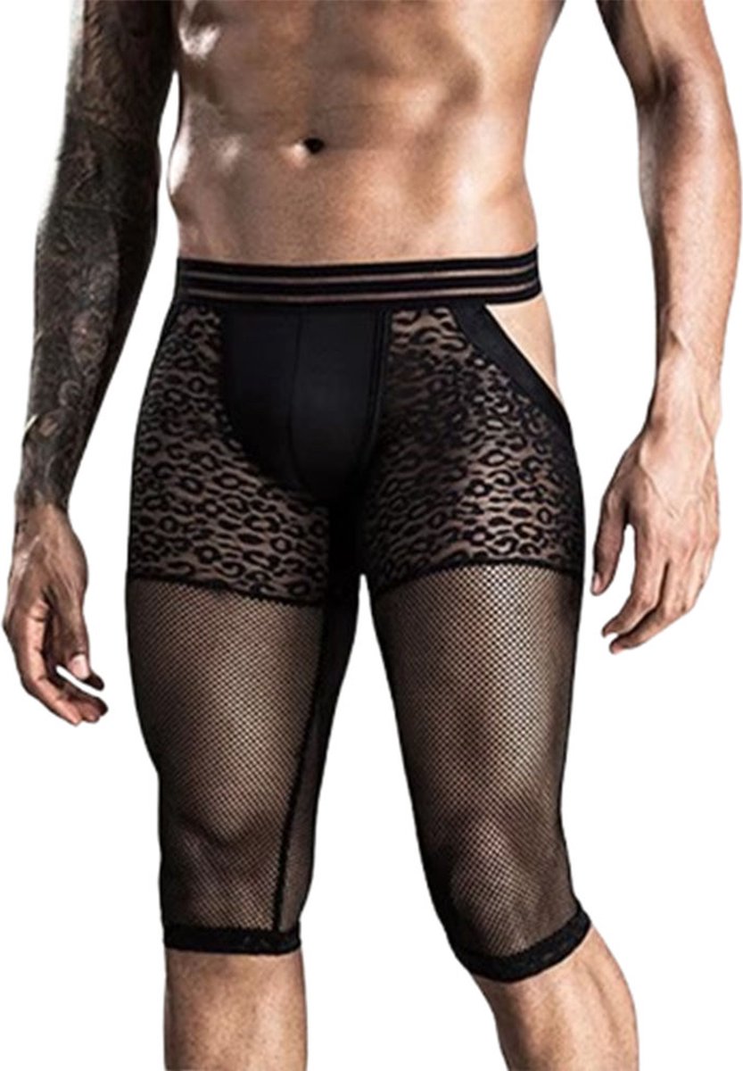 Goedkoopste Driekwart Ondergoed Heren Lingerie - Doorzichtige open kont - boxershort - Zwart - Luipaard