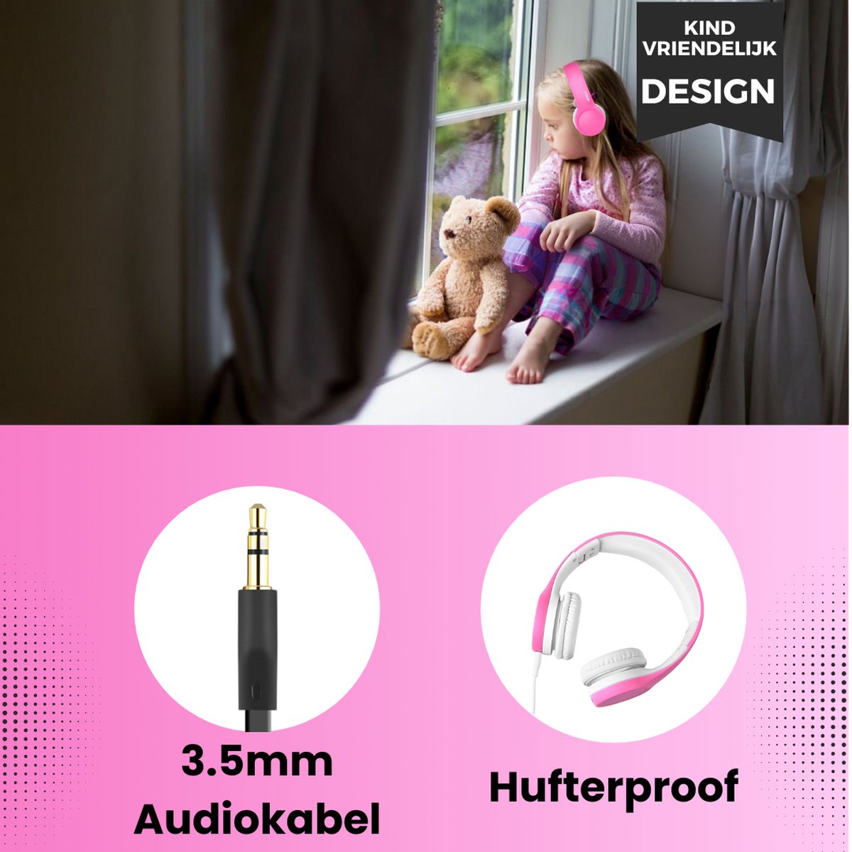 Afbeelding 2 van WiseQ Junior - Kinderkoptelefoon met Draad - Hoofdtelefoon voor kinderen vanaf 3 tot 9 jaar - 85dB Volumebegrenzer - Roze