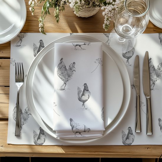 Sets de Napperons poules gris lot de 4 - 45x35cm - Tissu - Lavable - Décoration de fête - Décoration de table