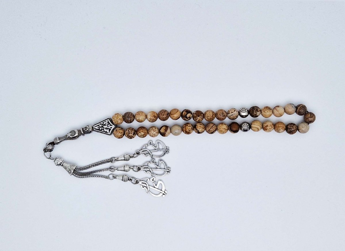 Handgemaakte tesbih "tasbih" natuursteen " Picture Jasper " - Aantal kralen 33 - Diameter kralen 8 MM - met metaal tassel "model 2" - Een mooi cadeau-idee
