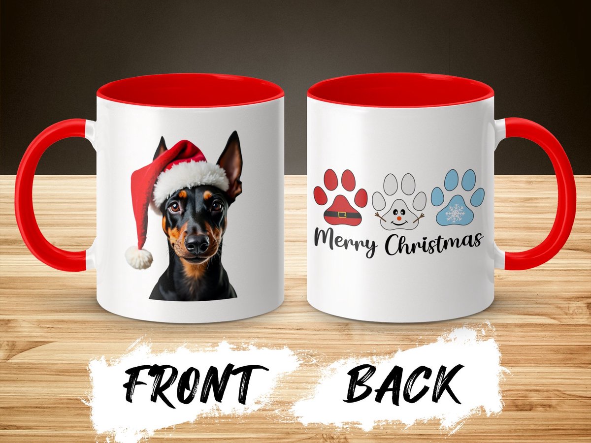 Manchester Terrier Kerstmis Mok Hond Illustratie met Rode Binnenkant, Merry Christmas Hond Kerstmuts Cup, Kerstmok Met Hond, Cadeau Idee