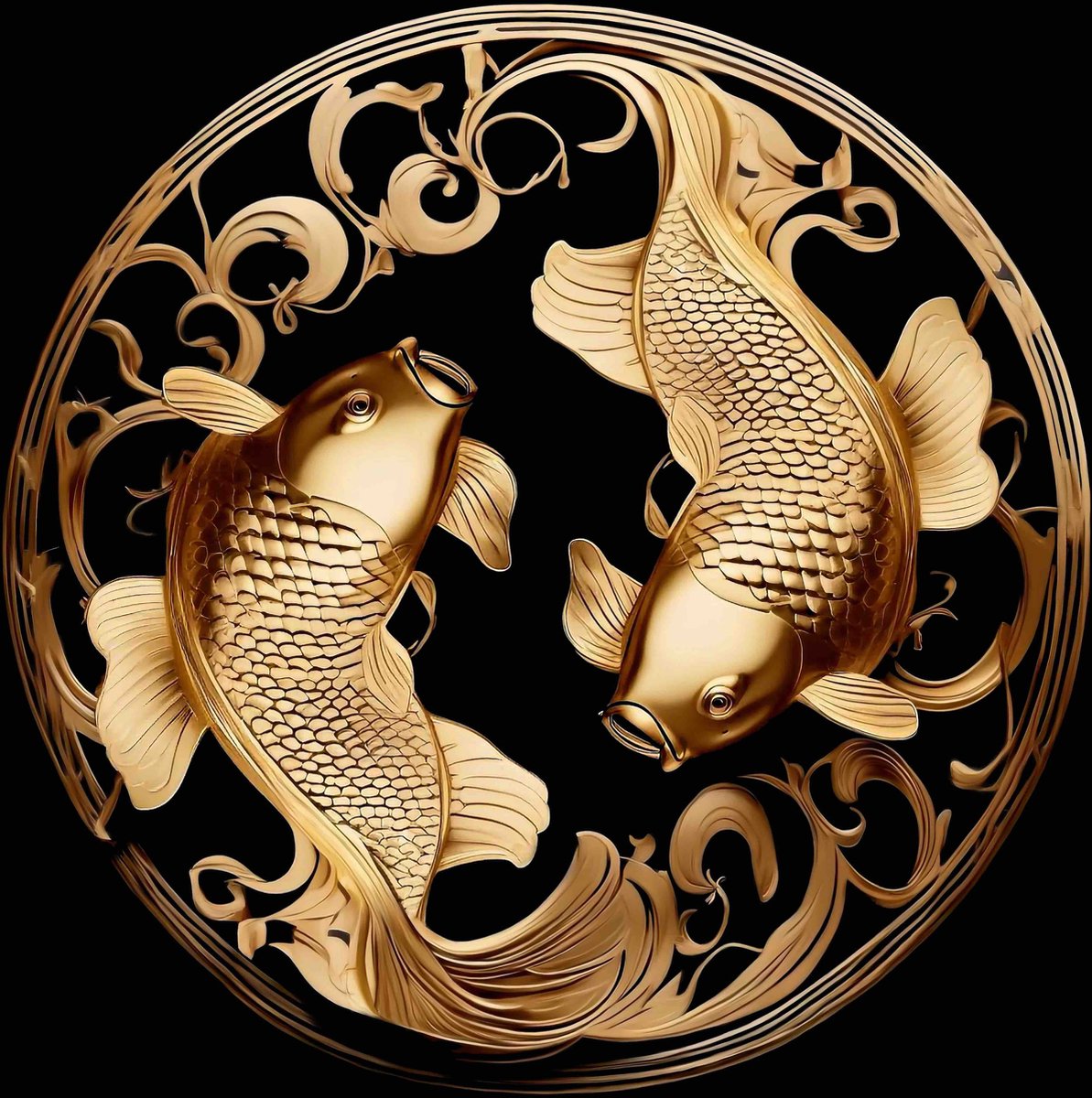 Canvas Schilderij - yin yang carp - karper - wc - woonkamer - art - visser - vis - tekening - goud - kunst - zwart - gang - kantoor - keuken -
