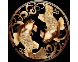 Canvas Schilderij - yin yang carp - karper - wc - woonkamer - art - visser - vis - tekening - goud - kunst - zwart - gang - kantoor - keuken -