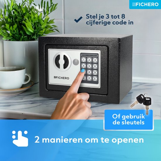 Elektronische Kluis Staal - Kluisje met Cijferslot - Geldkluis - 23 x 17 x 17 cm - 4,5 L - Vaderdag Cadeau voor Papa - Cadeaus voor Hem - Zwart - Fichero