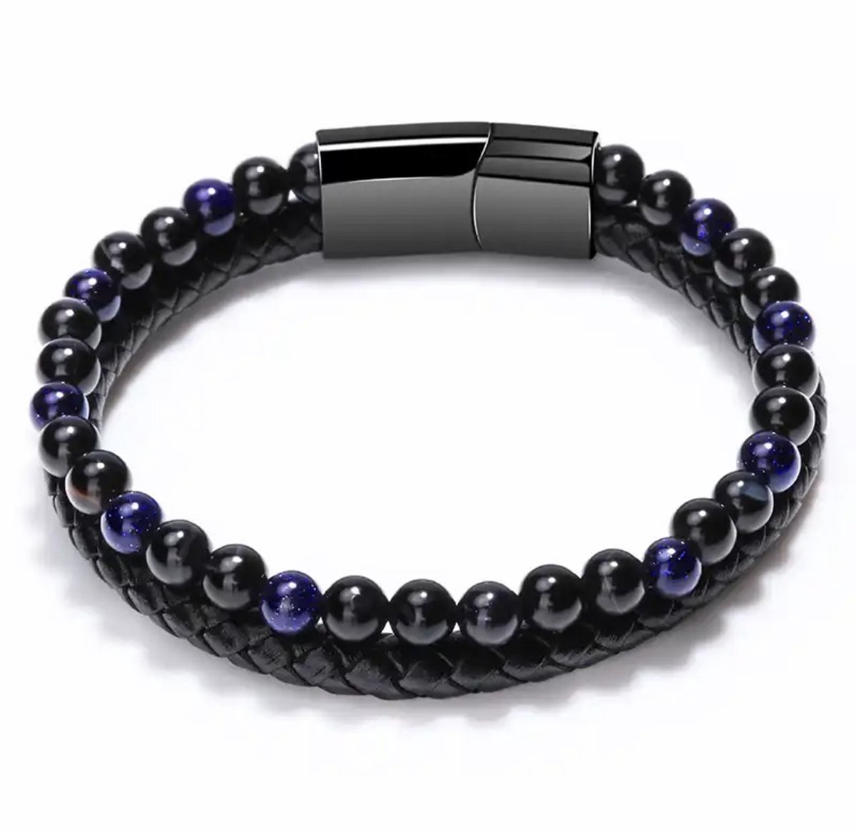 Soraro Kralen Armband Blauw | Magneet Sluiting | Heren | leer en kralen | Zwart 21cm | Zandsteen