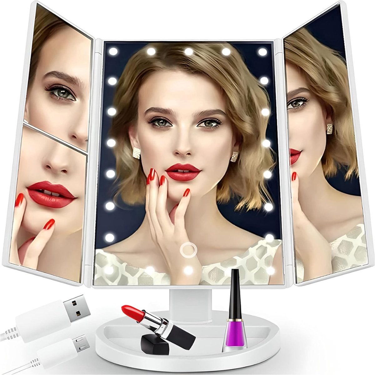 Spiegel, met leds, 2 x, 3 x vergrotende make-upspiegel met aanraakschakelaar, led-make-upspiegel, 180 graden draaibaar, helderheid, spiegel met natuurlijk ledlicht, cosmetische