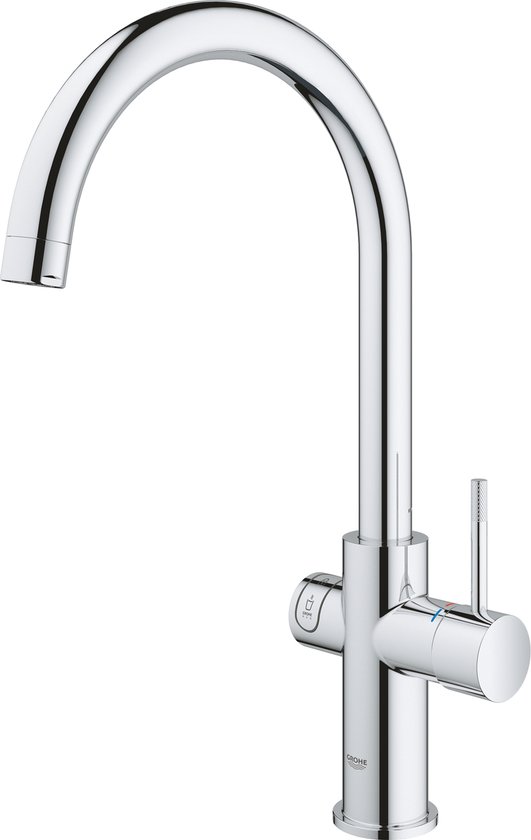 Chroom GROHE keukenkraan met gebogen uitloop en hendels voor warm, koud en kokend water.