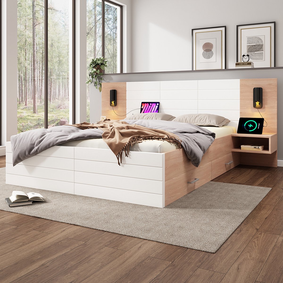 KOMHTOM Tweepersoonsbed met opbergruimte 160 x 200 cm met 2 lades hoofdeinde met leeslampj