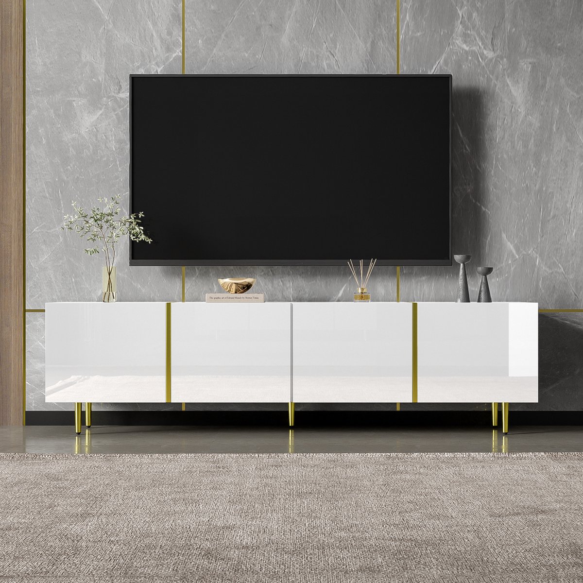 KOMHTOM TV meubel TV kast glanzend met 4 deuren modern en sober goud wit