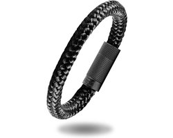 Heren armband zwart touw - Scheepstouw armband 8mm dik - 22,5cm - Stalen magnetische sluiting - Mauro Vinci Vicara Black- met geschenkverpakking