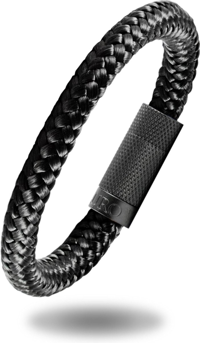 Heren armband zwart touw - Scheepstouw armband 8mm dik - 22,5cm - Stalen magnetische sluiting - Mauro Vinci Vicara Black- met geschenkverpakking