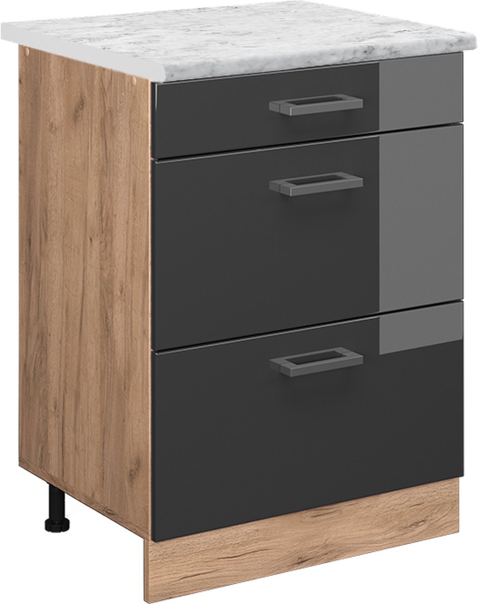 Vicco R-Line Keukenonderkast – 60 cm WB Marmer Antraciet Hoogglans Antraciet Hoogglans/Goudkleurig Eiken