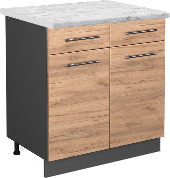 VICA 180cm badmeubel onderkast Washed Oak 4 lades. Wastafel MOON dubbel 2 kraangaten, kleur Talc