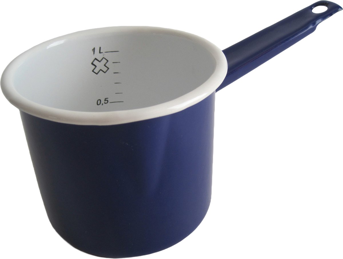 Emaille steelpan met maataanduiding en schenktuitje -  Ø 12 cm - 1 liter -  donkerblauw