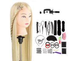 foto van Wigs & More Oefenhoofd - Kapperspop - Kappershoofd Blond haar - Met statief en Styling Accessoires - 65 cm