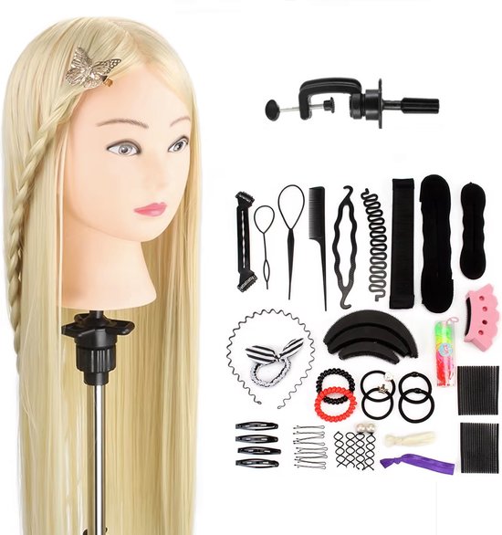 Wigs & More Oefenhoofd - Kapperspop - Kappershoofd Blond haar - Met statief en Styling Accessoires - 65 cm