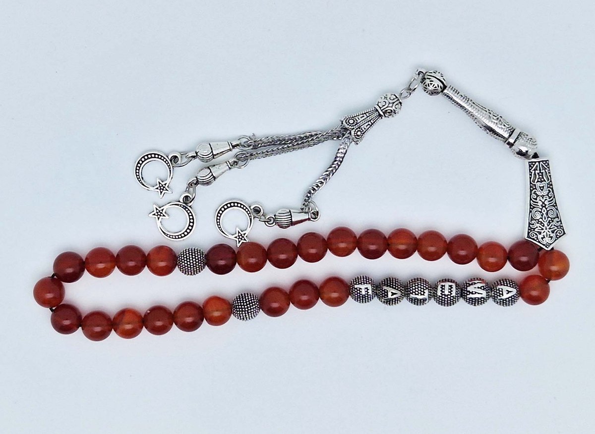 Handgemaakte naam tasbih 33 Kralen Natuursteen “ Rood Agaat” - met metaal tassel “De halve maan en de ster"- Met je naam of de naam van uw geliefde- 8 mm diameter van de korrel