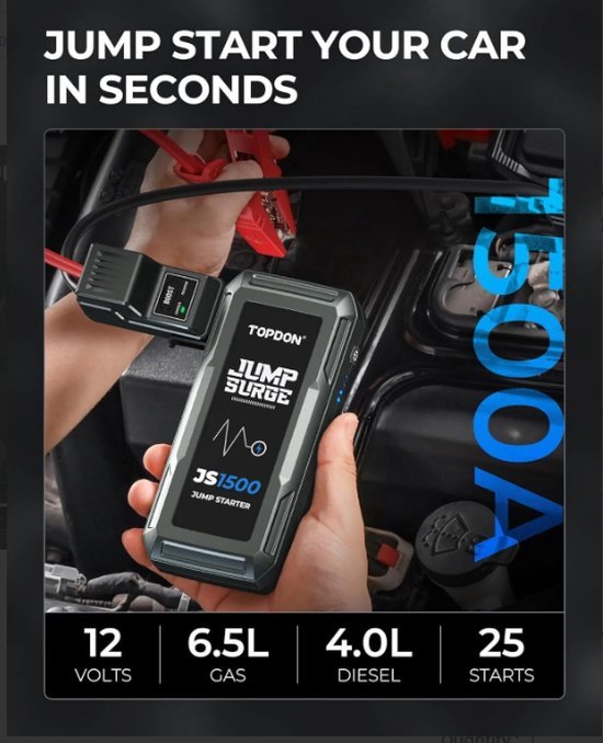 Startondersteuning Powerbank voor auto's 37Wh, Jump Starter voor auto's 10000mAh, Auto-startondersteuning voor 12V voertuigen, Starterbatterij- booster met LED, Lader met noodstartkabel