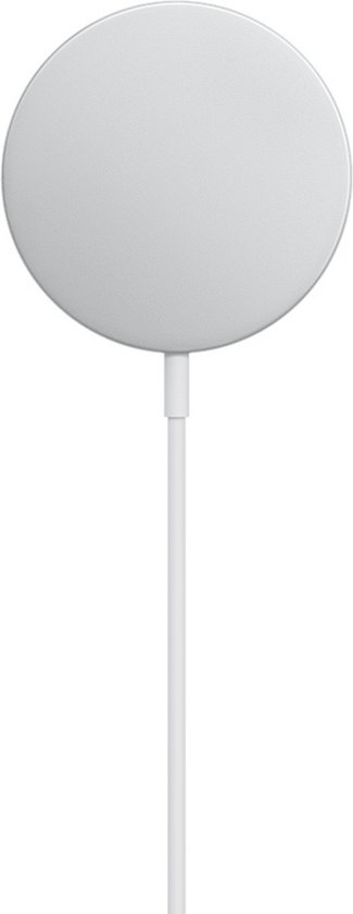 Chargeur MagSafe rond argenté avec un câble blanc.
