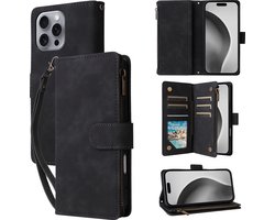 Luxe Telefoonhoesje geschikt voor Apple iPhone 16 Pro Max | Hoogwaardig Leren Bookcase | Lederen Wallet Case | Luxe Uitstraling | Pasjeshouder 6 stuks | Zwart