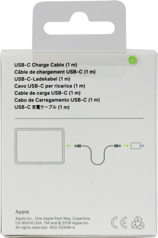 Achterkant van de verpakking van een Apple USB-C laadkabel, met productinformatie en illustratie.