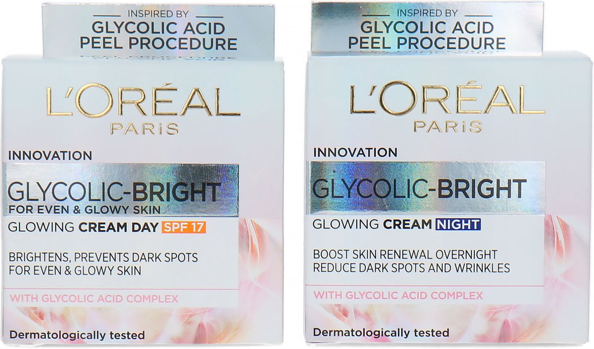 Goedkoopste L'Oréal Glycolic-Bright Glowing Cream Day and Night Cream SPF 17 - 2 x 50 ml
