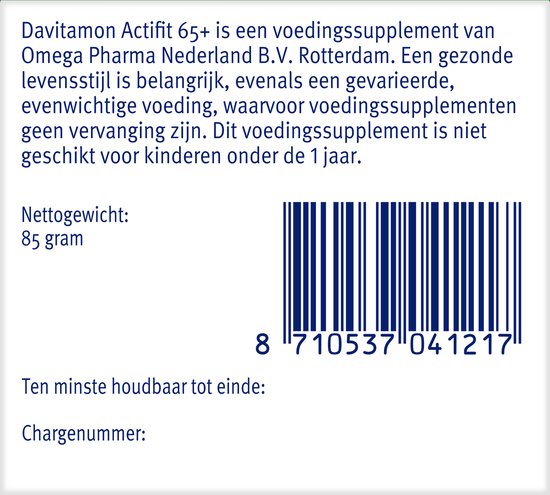 Achterkant van Davitamon Actifit 65+ verpakking met productinformatie en barcode.