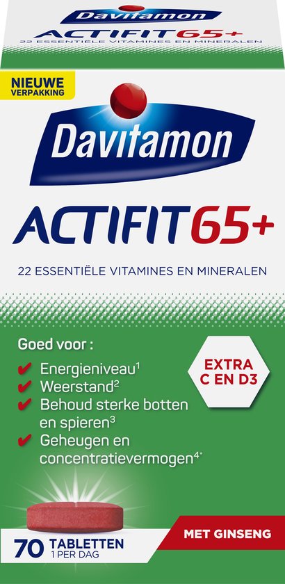 Davitamon Actifit 65+ verpakking met productinformatie en ingrediënten.