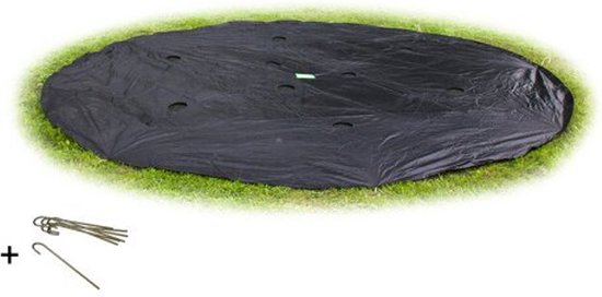 Zwarte EXIT groundlevel trampoline afdekhoes met haringen op gras.