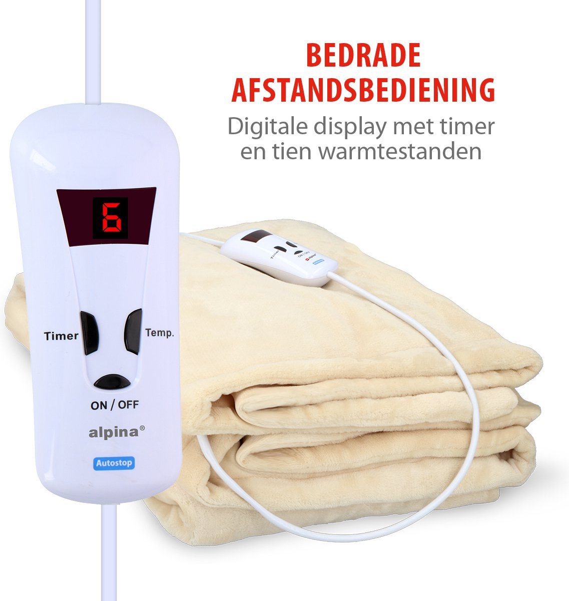 Afbeelding 3 van alpina Elektrische Bovendeken - 1-Persoons Warmtedeken 130 x 180 cm - Elektrische Knuffeldeken - Warmte Deken met 10 Standen - Fleece Elektrisch Deken - Beige