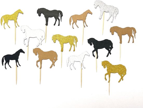 Elf paarden cupcake prikkers in goud glitter, wit, bruin en zwart.