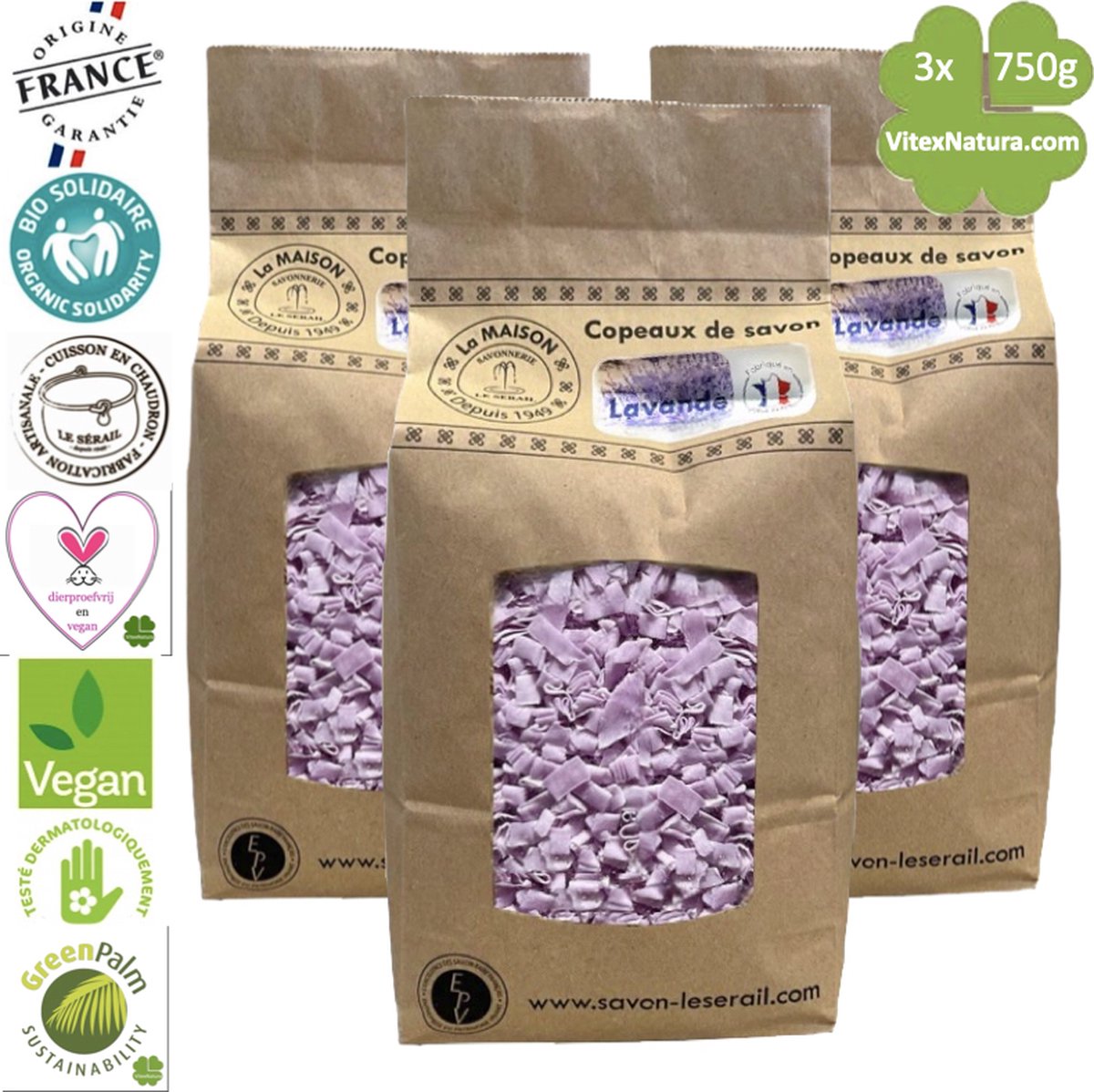 Goedkoopste Marseille zeepvlokken met lavendel olie | 3x 750g | Ecologisch en Milieuvriendelijk | Ambacht | Le Serail