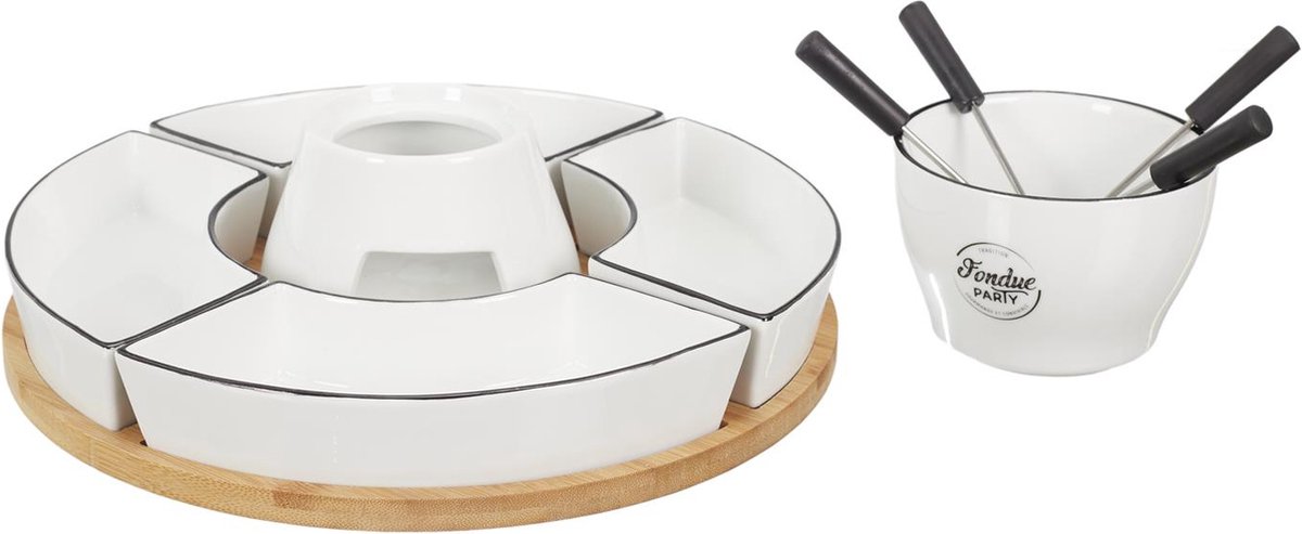 Fondue Set voor 4 Personen – Bamboe en Porselein – Inclusief Schalen en Vorkjes – 30 x 30 x 19 cm – foto 2