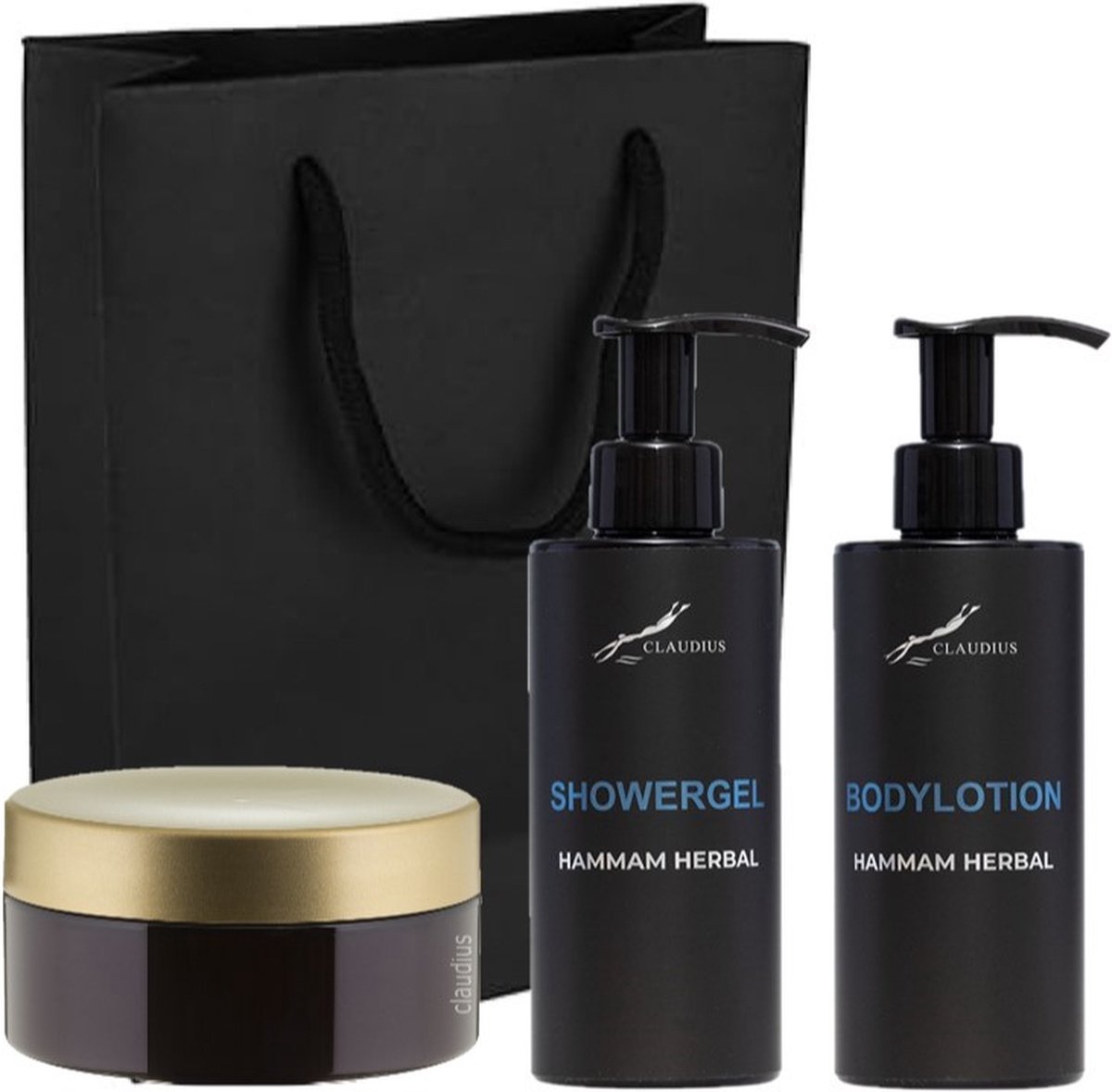 Goedkoopste Douchepakket Hammam Herbal - Showergel Bodylotion Scrubzout 300 gram - 300 ml per fles - set van 3 stuks - met luxe gift tas - kerst cadeau - giftset voor hem en haar