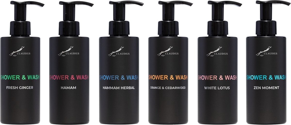Goedkoopste Shower & Wash Set - Fresh Ginger Hamam Hammam Herbal Sweet Orange & Cedarwood White Lotus en Zen Moment - Claudius Cosmetics - bodycare - luxe fles - set van 6 stuks - Cadeau - giftset voor hem en haar