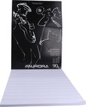 Aurora muziekpapierblok van 90g met een zwart vel met jazzmuzikanten en een stapel muziekpapier met notenbalken.