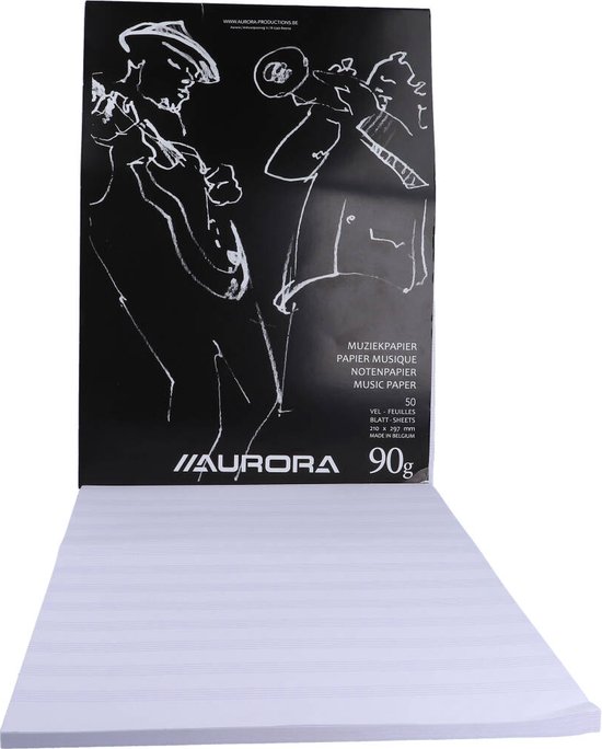 Aurora muziekpapierblok van 90g met een zwart vel met jazzmuzikanten en een stapel muziekpapier met notenbalken.