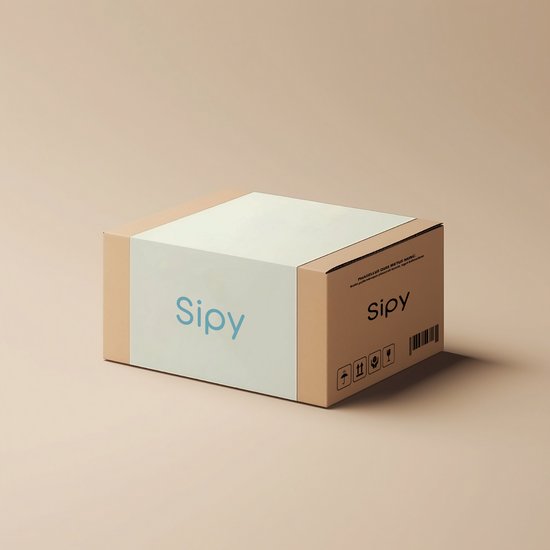 Een gesloten Sipy kartonnen doos op een beige achtergrond.