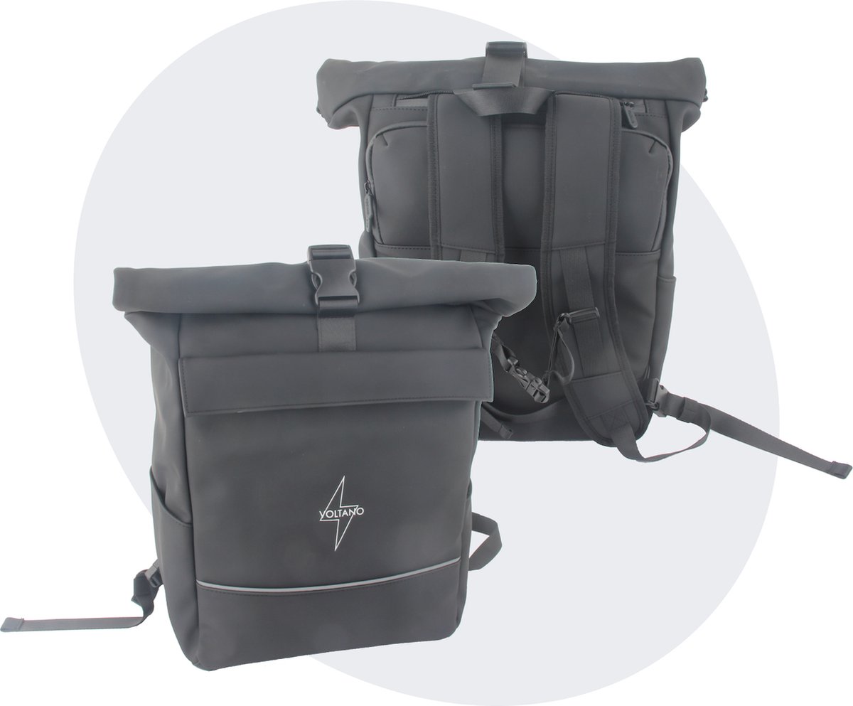 Voltano Luxe E-bike Rolltop Fietstas / Rugtas 28L - Zwart - Enkele Pakaftas - 100% Waterdicht - Groot Laptop Vak - Extra E-bike Beugels
