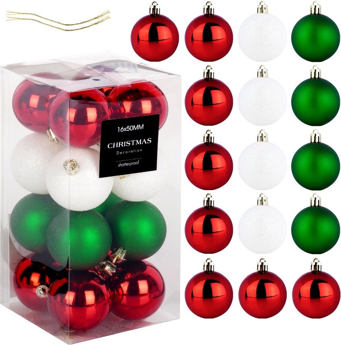 Kerstballen Set Onbreekbaar Rood Groen Wit 5 cm 16 stuks - Kerstdecoratie