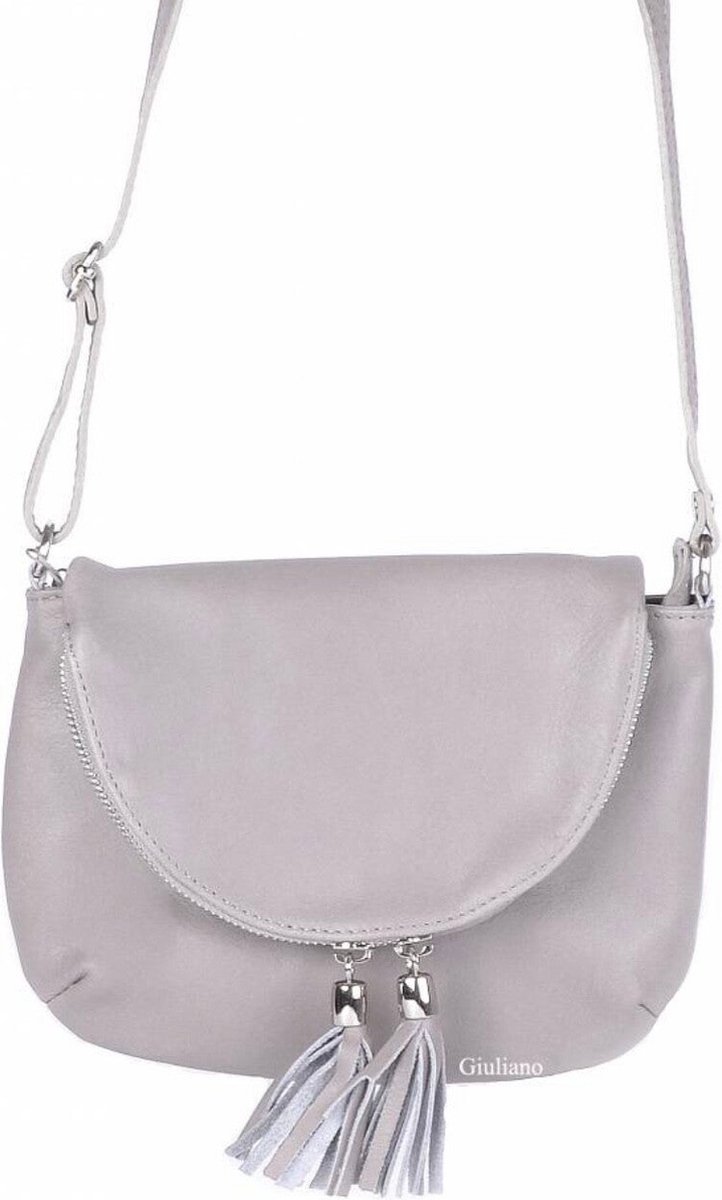 giuliano lederen tas van hoogwaardig italiaans leer - grijs met flosjes - luxe bag - schoudertas - crossbody - present - kado - laatste