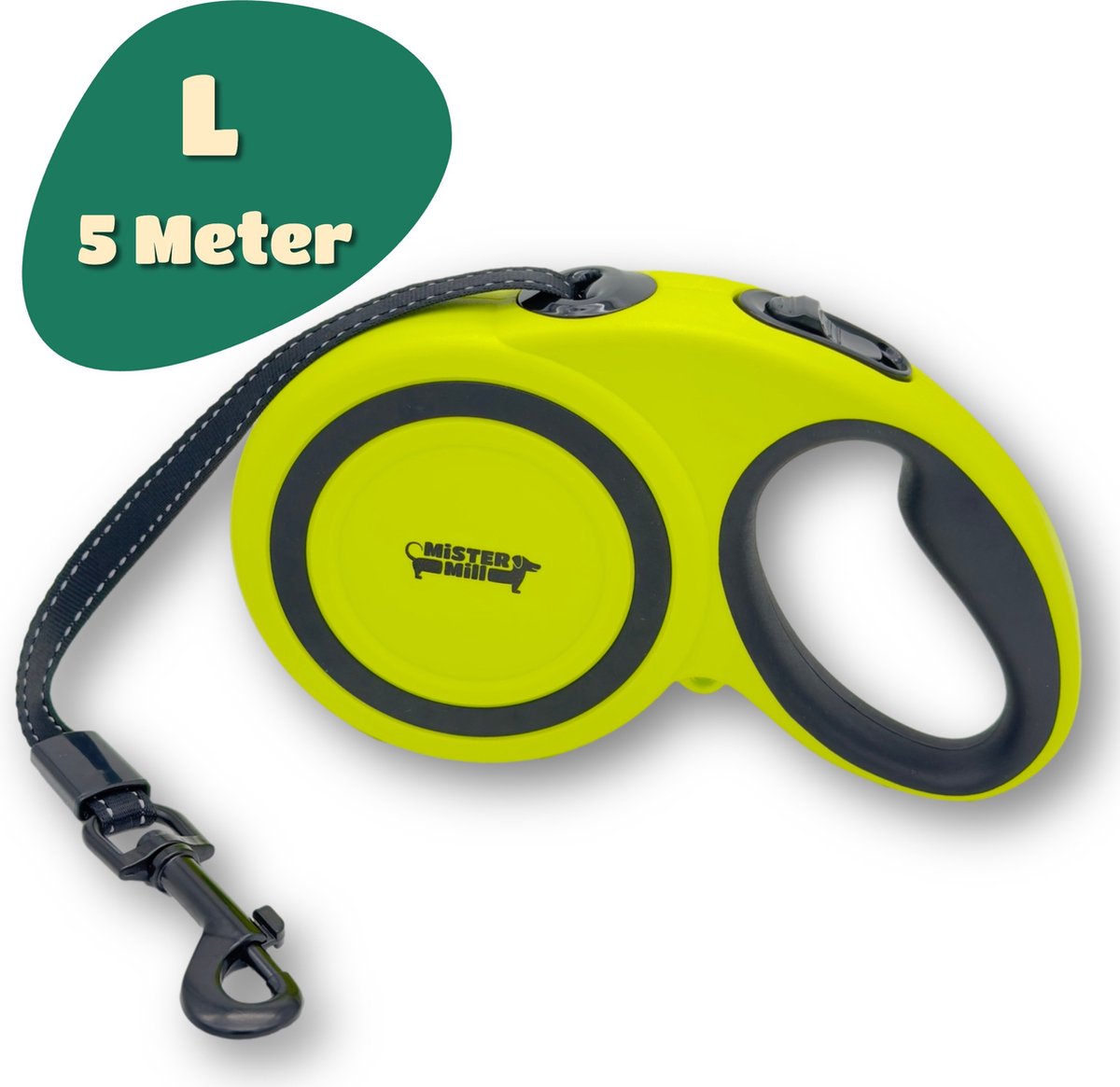 Mister Mill Rollijn Hond 5 Meter - L - Uitrolriem - Hondenriem 5 Meter - Hondenriem Uitrolbaar - Flexibele Hondenlijn - Automatische Hondenriem - Hondenriem met Remknop - Sterke Hondenrollijn - Hondenriem Grote honden